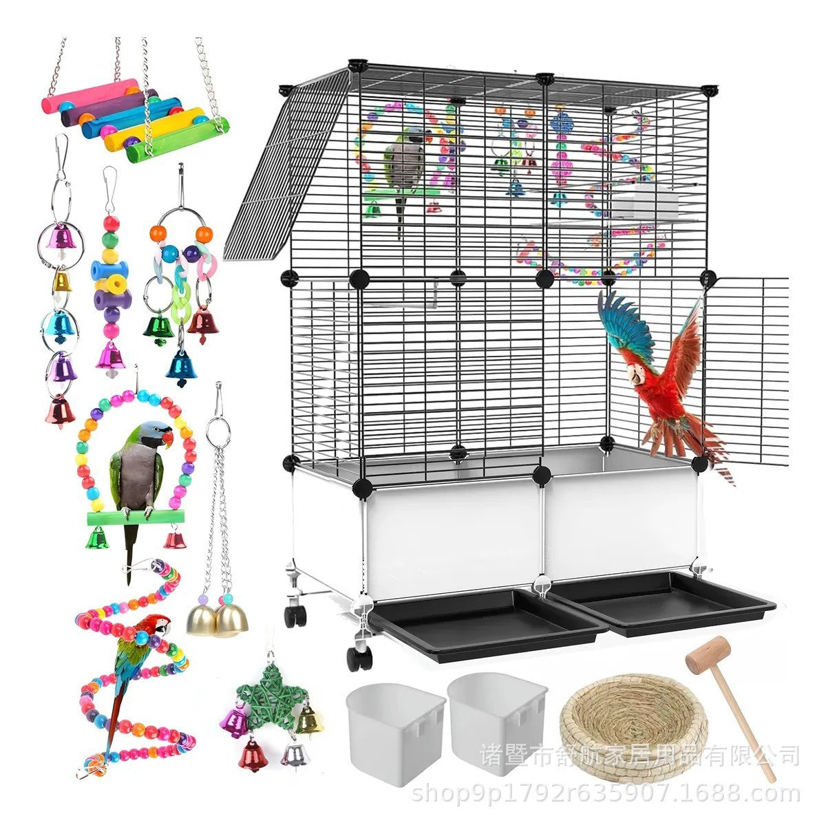 Large Multi-Tier Movable Bird Cage for Parrots and Mynah Birds, Freely Assembled