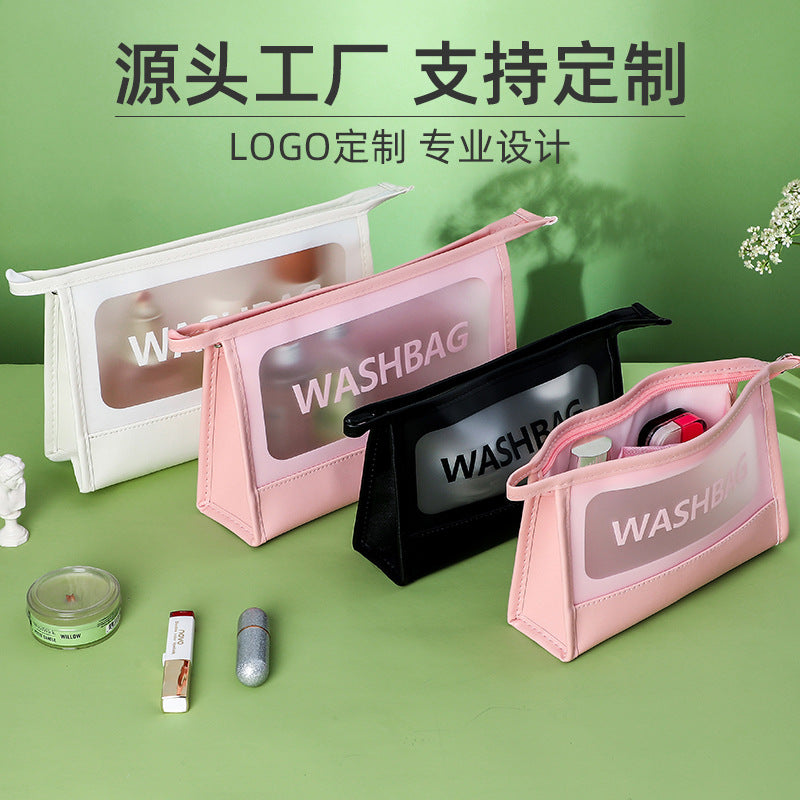 Frosted Clear PU Cosmetic Bag Large Capacity Waterproof Portable Travel Toiletry Organizer with Handle