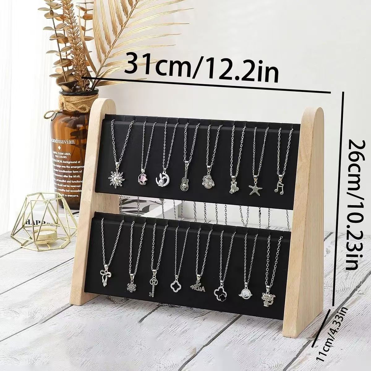 Double-Layer Wooden Necklace Display Stand for Jewelry Organization and Exhibition