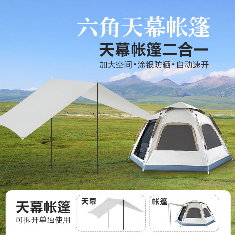 Hexagonal Camping Tent with Integrated Tarp, 210D Oxford Cloth, Waterproof UV Protection, Seam-Sealed for Outdoor Camping