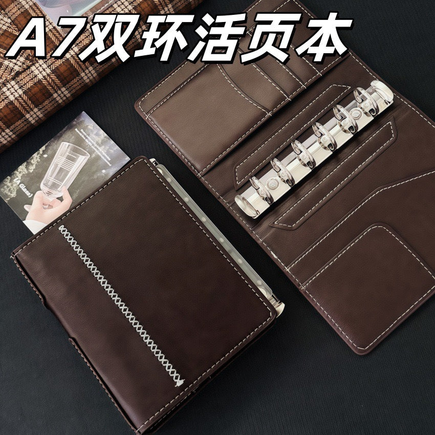 A7 Loose-Leaf Faux Leather Journal Notebook with Double Ring Binder, Portable Diary Planner