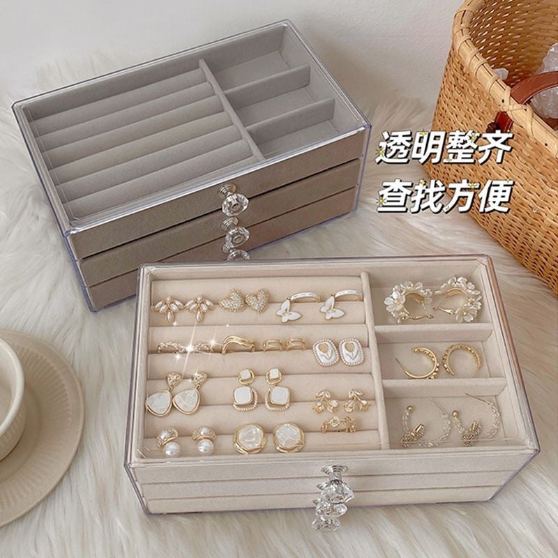 3-Layer Flannel Lined Acrylic Jewelry Box for Earrings Rings Necklaces Anti-Oxidation Storage