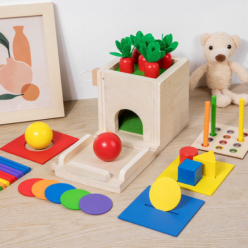 Wooden Montessori Ball Drop Box with Carrot Pulling and Coin Insertion Educational Toy for Toddlers and Kids