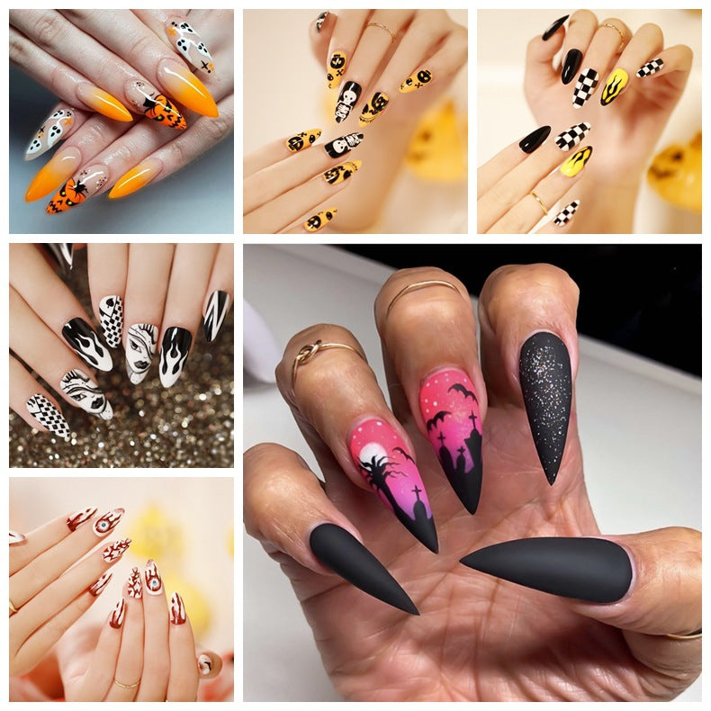Halloween Stiletto Press-On Nails with Spooky Designs