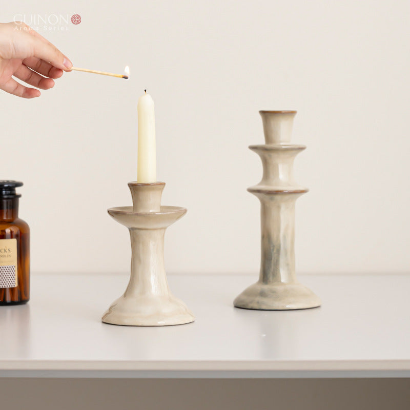 Guilong Wabi-Sabi Style Kiln-Fired Bamboo Joint Ceramic Candle Holder for Home Decor & Photography