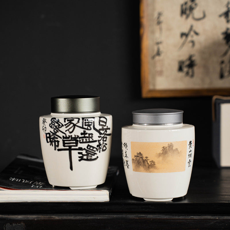 Vintage Chinese Hand-Painted Ceramic Tea Caddy with Pewter Lid for Puerh Tea Storage