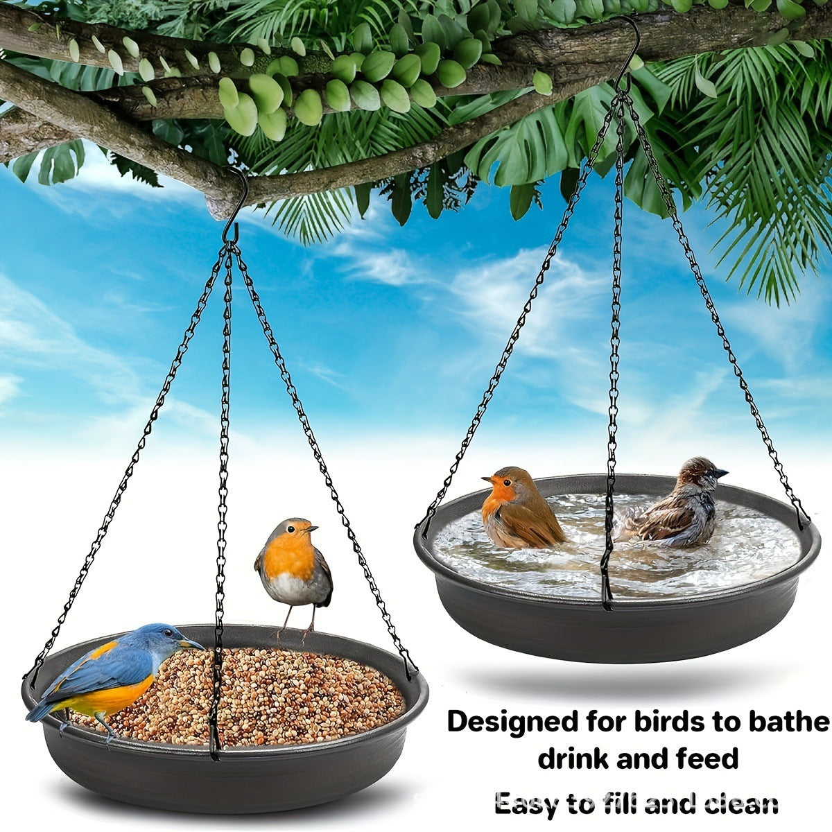 Hanging Bird Bath & Feeder for Garden & Patio, Automatic Bird Bathtub