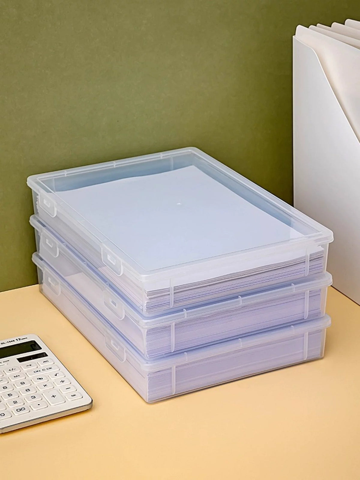 Clear A3/A4/8K Document Storage Box, Stackable Plastic File Organizer for Office and Home