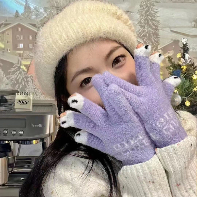 Women's Touchscreen Knitted Gloves with Cartoon Design for Winter Warmth