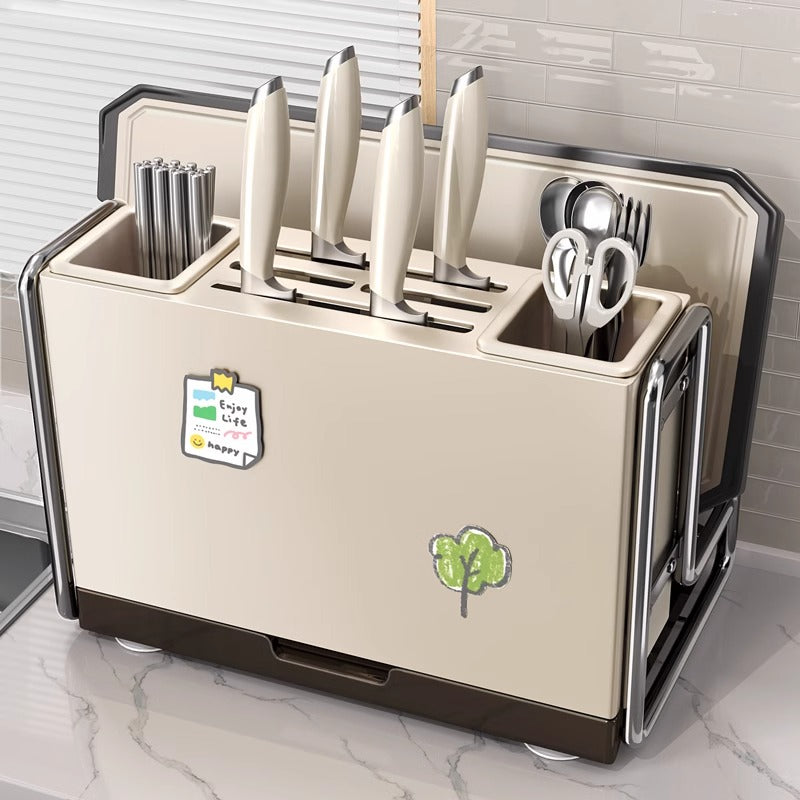 Wall Mounted Kitchen Knife Holder with Utensil Caddy for Chopping Board Pot Lid, Multifunctional Knife Block Storage Rack