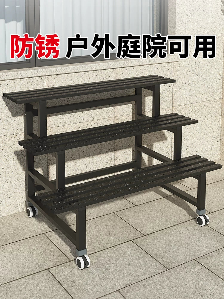 Multi-Tier Metal Plant Stand Outdoor Garden Display Shelf with Wheels