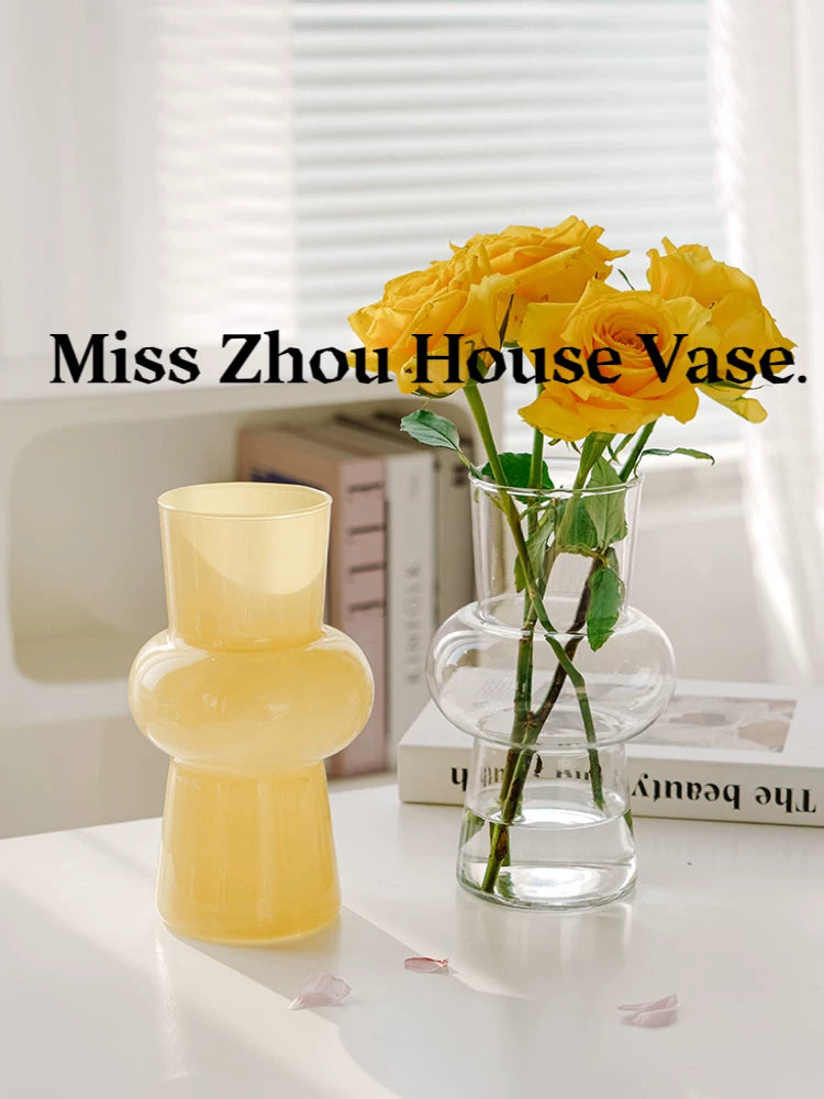 Modern Minimalist Glass Vase for Living Room Dining Table Decor, French Vintage Cream Style Flower Arrangement Ornament