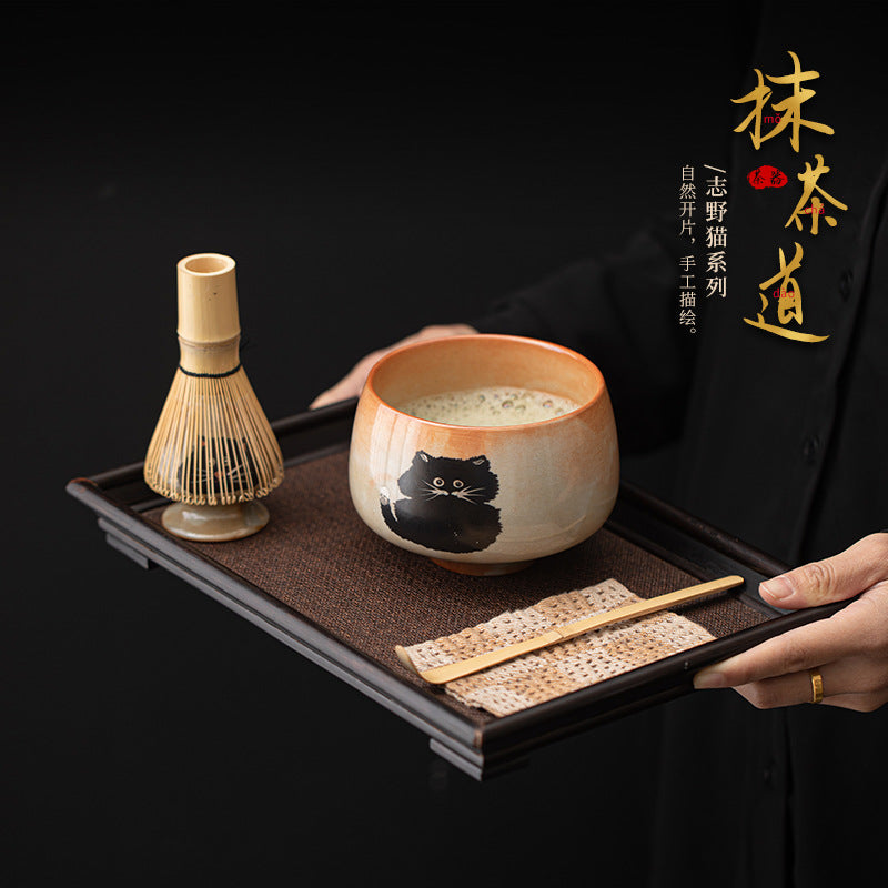 Japanese Shino Cat Ceramic Matcha Bowl Set with Whisk Holder and Scoop