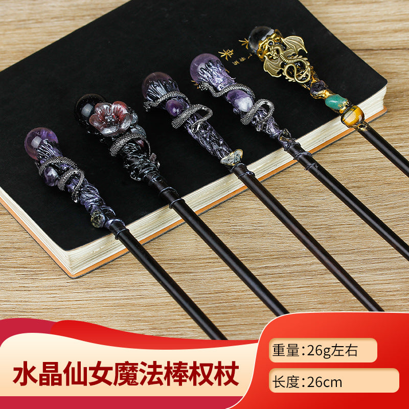 Crystal Element Magic Ritual Wand Wooden Stick for DIY Crafts and Fairy Props