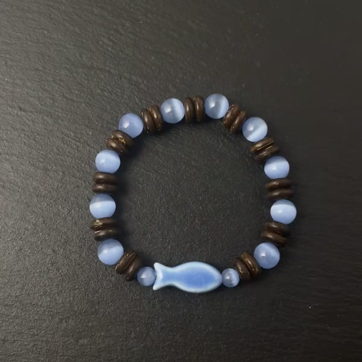 New Chinese Style Blue Fish Beaded Cat Eye Bracelet for Summer