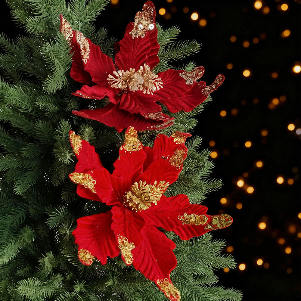 Glitter Flocked Christmas Flower Ornaments for Christmas Tree Decoration, European Classic Style