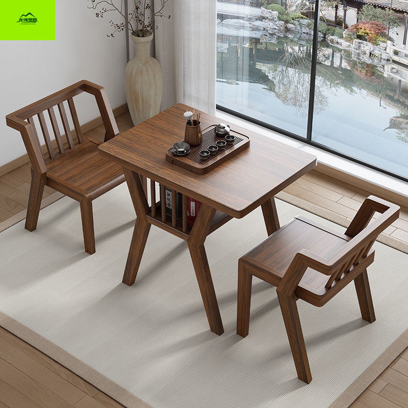 Solid Wood Balcony Table and Chair Set, Modern Wenge Tea Table Leisure Chairs for Home, Small Apartment Simple One Table Two Chairs