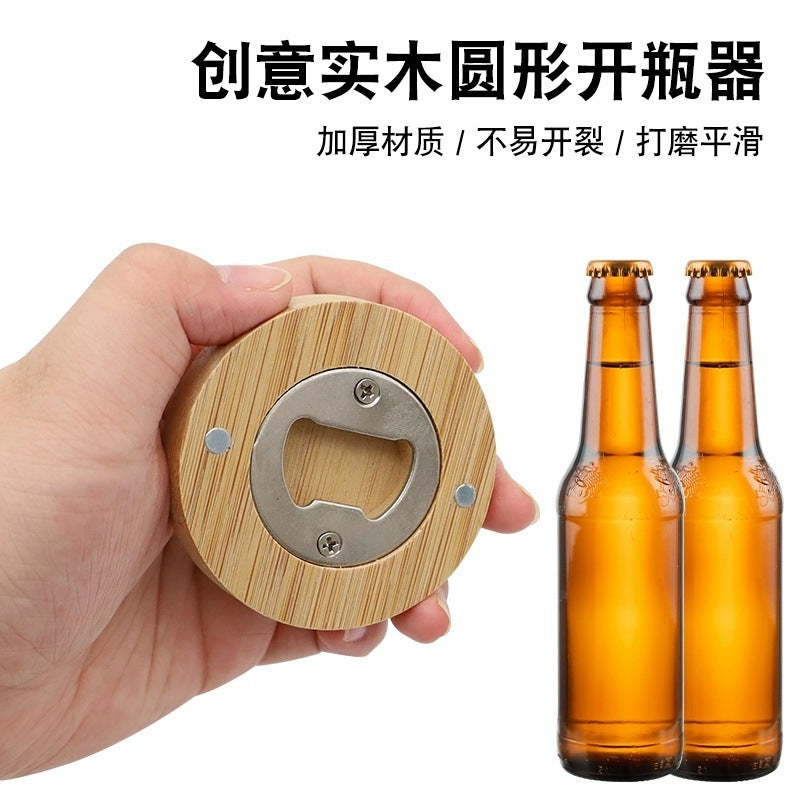 Magnetic Bamboo Wood Round Bottle Opener for Refrigerator