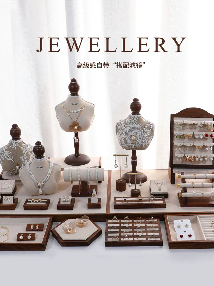 Walnut Wood Jewelry Display Stand Set for Necklaces, Earrings, Bracelets, and Rings