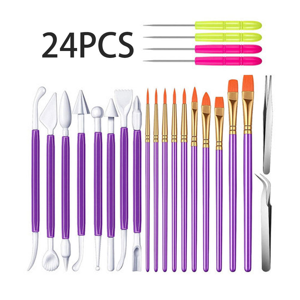 24-Piece Pottery & Clay Sculpting Tool Set with Nylon Brushes and Detail Needles