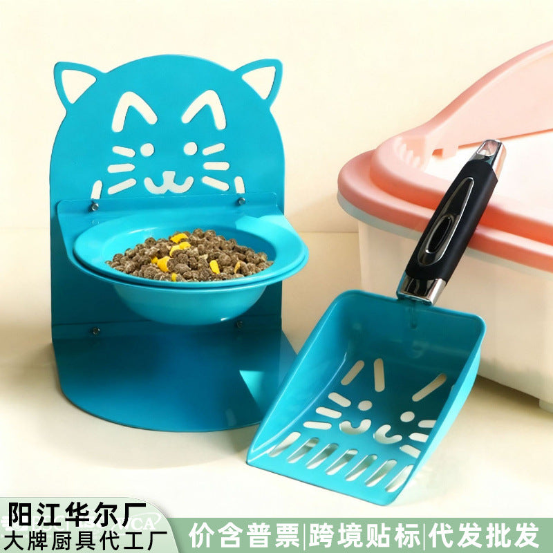 Elevated Stainless Steel Pet Bowl with Detachable Stand and Litter Scoop for Cats