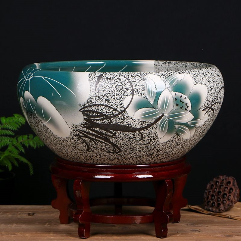 Hand-Painted Ceramic Fish Tank with Base for Goldfish, Turtles, and Lotus Plants