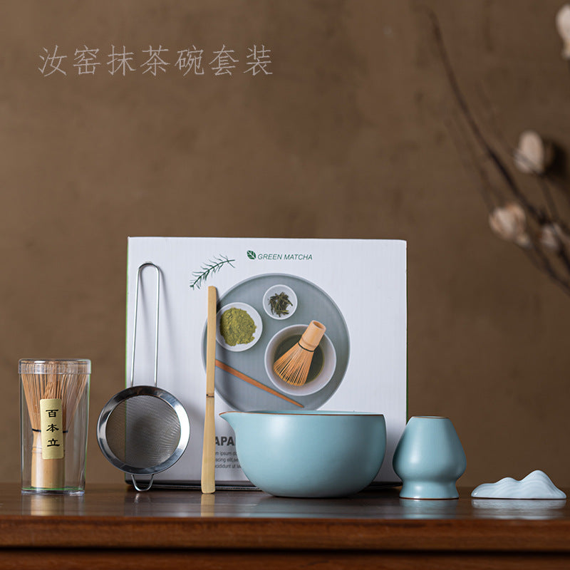 Ru Kiln Crackle Glaze Matcha Bowl Set with Spout and Whisk