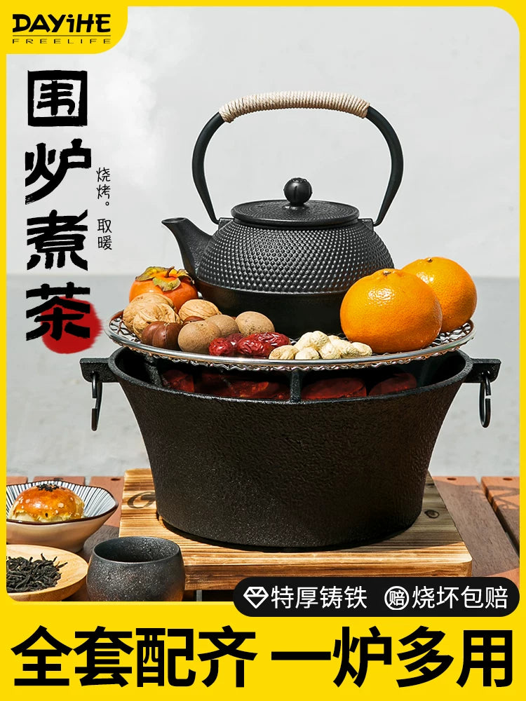 Dayihe Cast Iron BBQ Grill Set for Outdoor Charcoal Grilling and Tea Ceremony