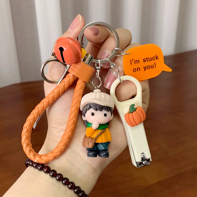 Cartoon Keychain with Nail Clipper and Ear Spoon, Cute Bag Charm for Couples
