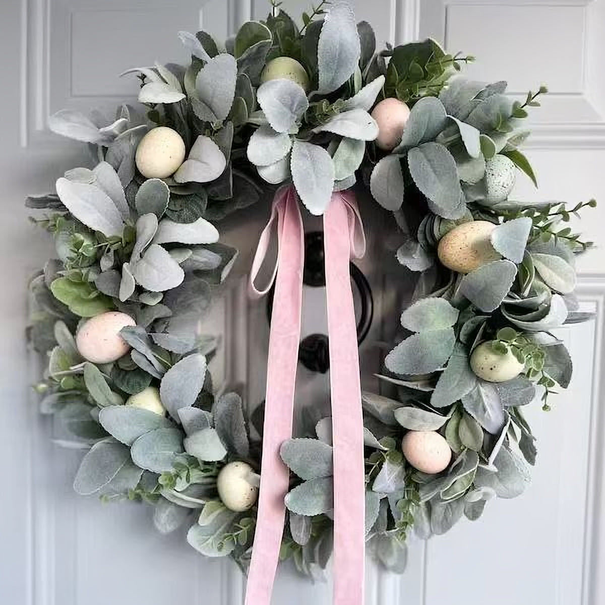 2025 Easter Lamb's Ear Colorful Egg Wreath Hanging Ornament for Hotel Home Wall Decor Artificial Flower