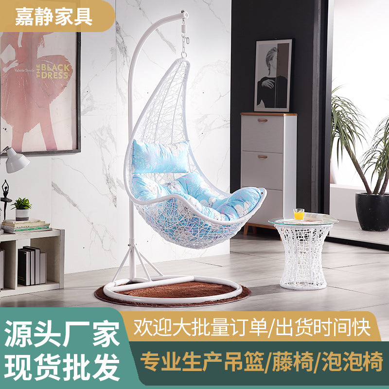 Indoor Balcony Rattan Hanging Basket Chair Single Person Cradle Swing Chair with Cushion and Carpet