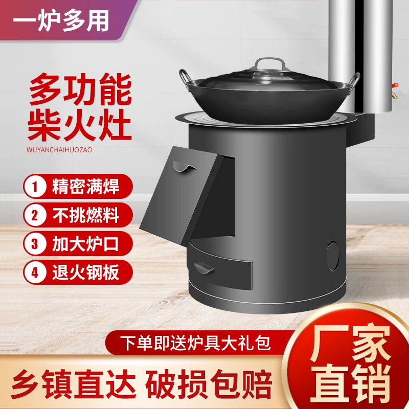 Portable Wood-Burning Stove with Large Iron Pot for Outdoor and Indoor Use
