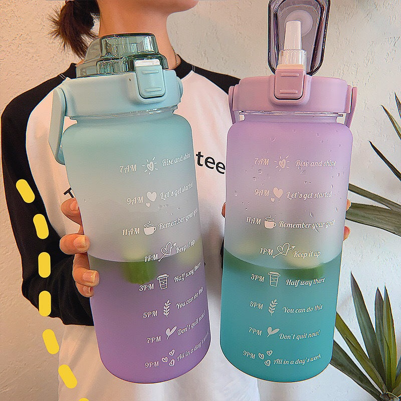 Gradient Color 2000ml Large Capacity Water Bottle with Straw and Time Marker for Sports and Outdoor