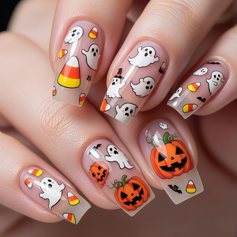 Halloween Medium-Long Press-On Nails with Pumpkin Ghost Candy Corn Designs, 24pcs Detachable Set