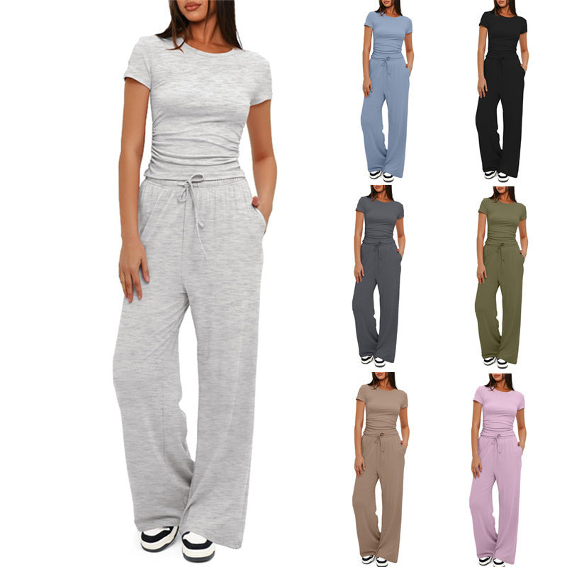 Women's Solid Color Pleated Short Sleeve Top and High Waist Wide Leg Pants Set