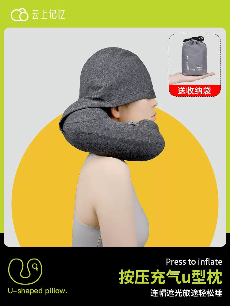 Inflatable U-Shaped Travel Pillow with Hood, Portable Neck Support for Airplane and High-Speed Rail