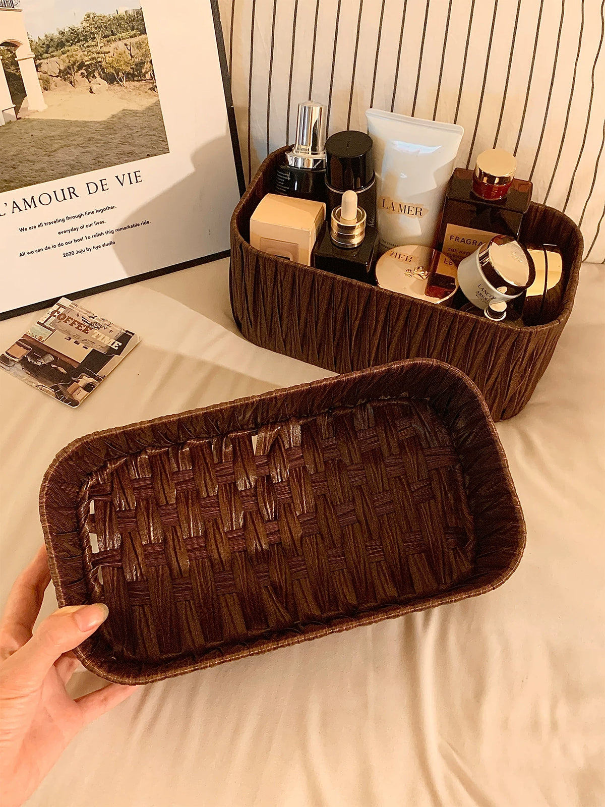 Ins Style Rattan Weave Storage Basket Desktop Cosmetic Mask Sundries Organizer Simple Living Room Storage Box