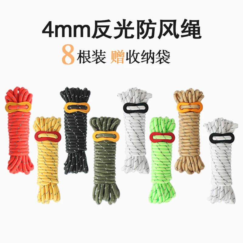 4mm Reflective Guy Ropes with Adjusters for Outdoor Camping Tents and Tarps, 8-Pack