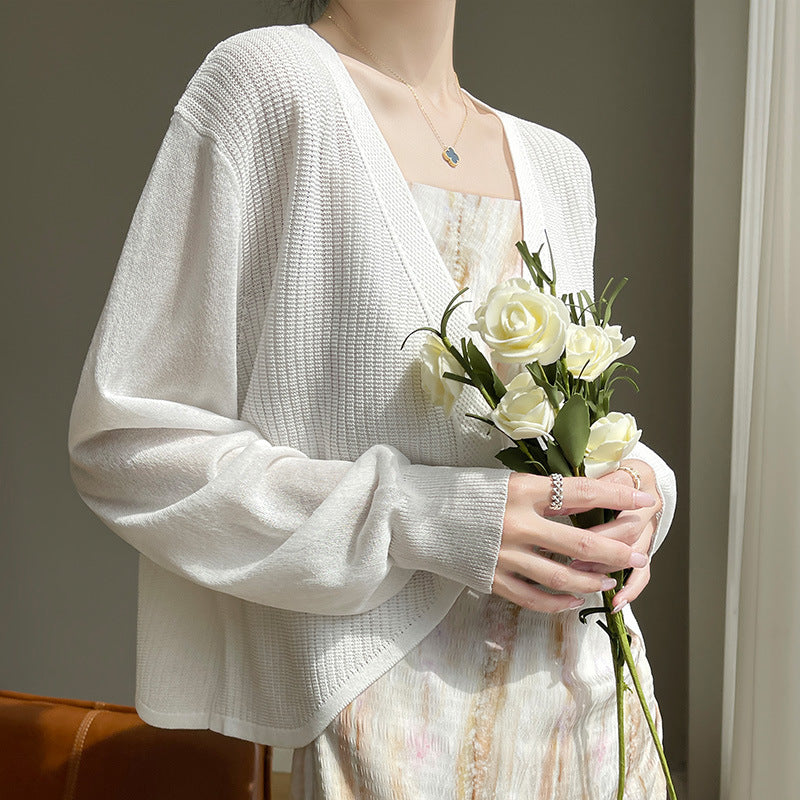 Women's Short Sun Protection Cardigan Loose Ice Silk Knit Air Conditioning Shirt Thin Shawl for Summer Beach