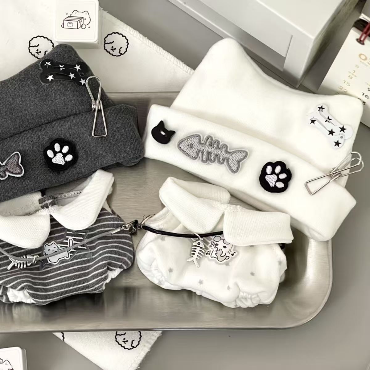 Punk Cat Outfit Set for 10cm/20cm Plush Dolls - Hat, Top & Necklace