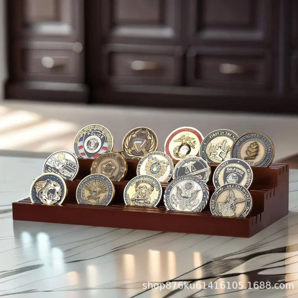Wooden Tiered Medal & Coin Display Stand - Desktop Organizer for Commemorative Items