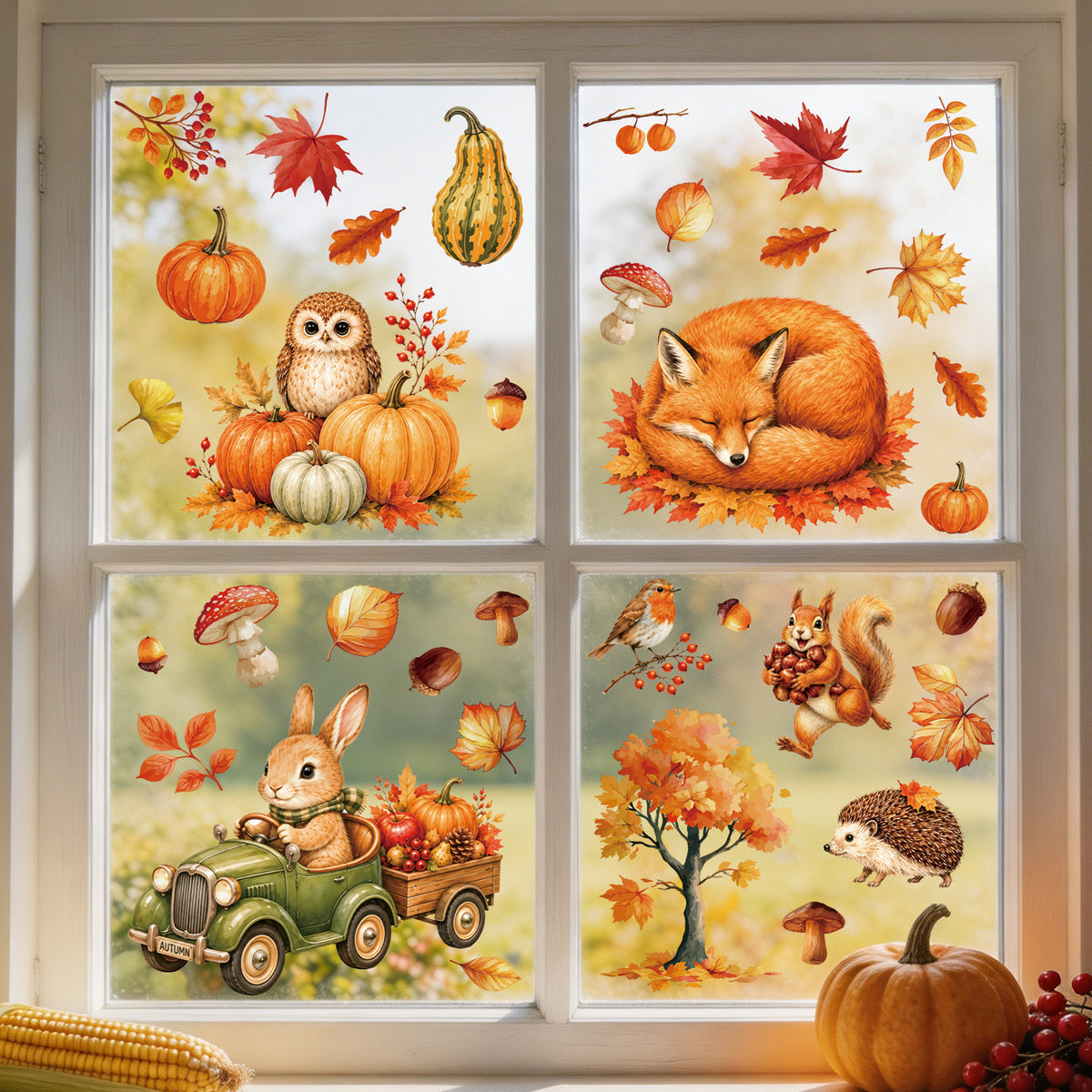 Autumn Cartoon Animal Static Cling Window Decals - Removable Pumpkin Maple Leaf Thanksgiving Decorations