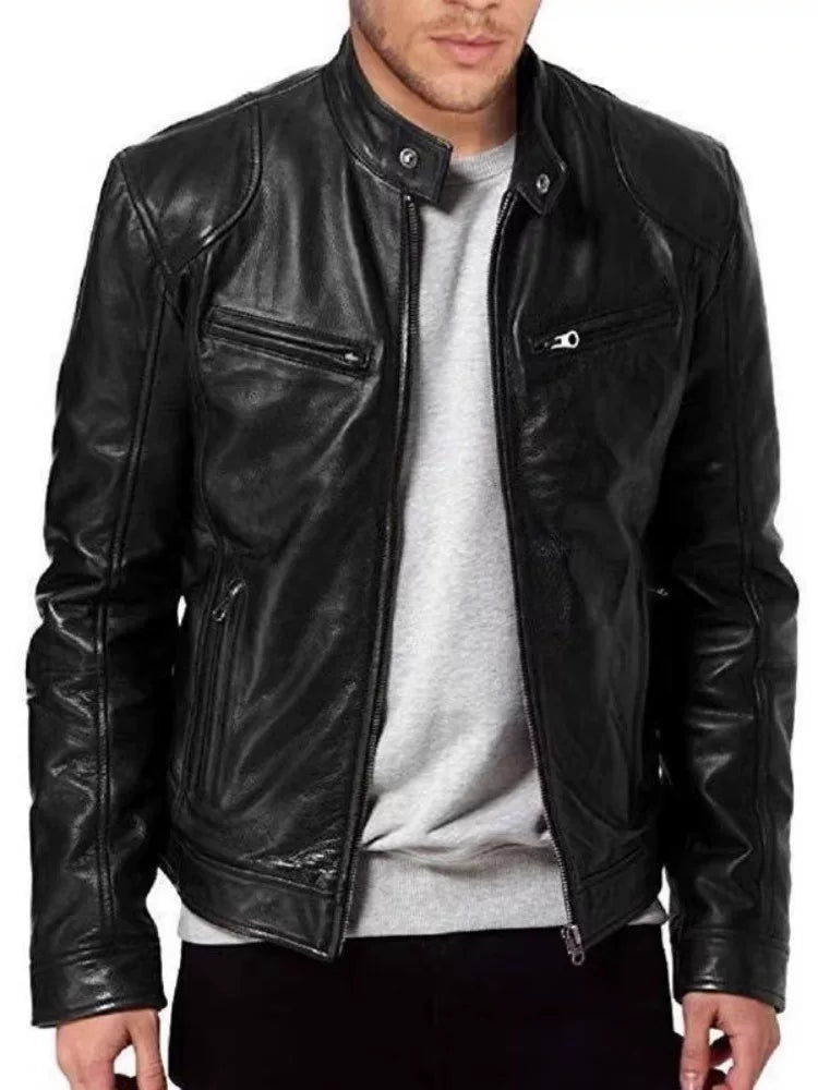Men's Faux Leather Stand Collar Motorcycle Jacket with Zipper Pockets