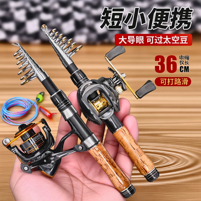Portable Telescopic Cork Handle Lure Fishing Rod with Spinning/Baitcasting Reel Combo