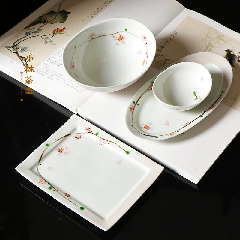 Hasami Ware Hand-Painted Floral Ceramic Rectangular Plate
