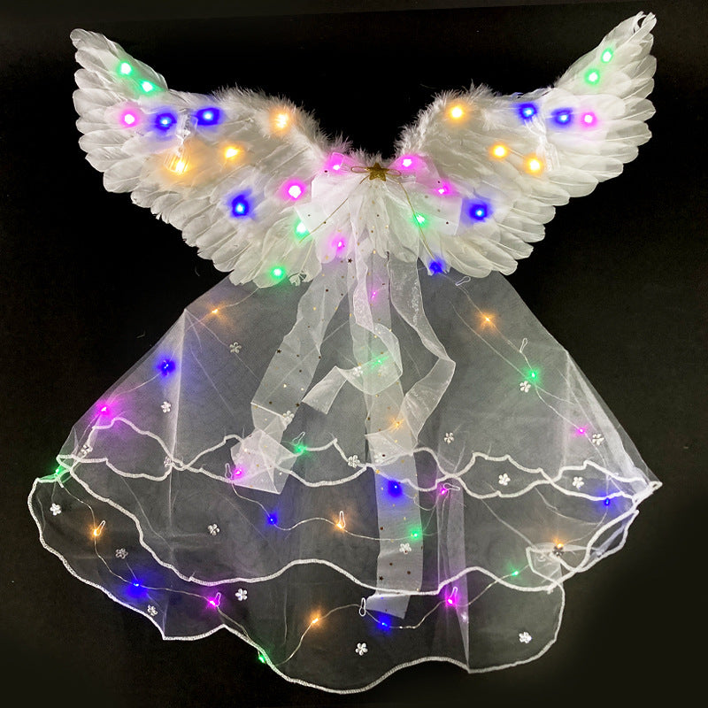 Light-Up Feather Wing Shawl Set for Adults & Kids - Halloween & Christmas Costume Accessory