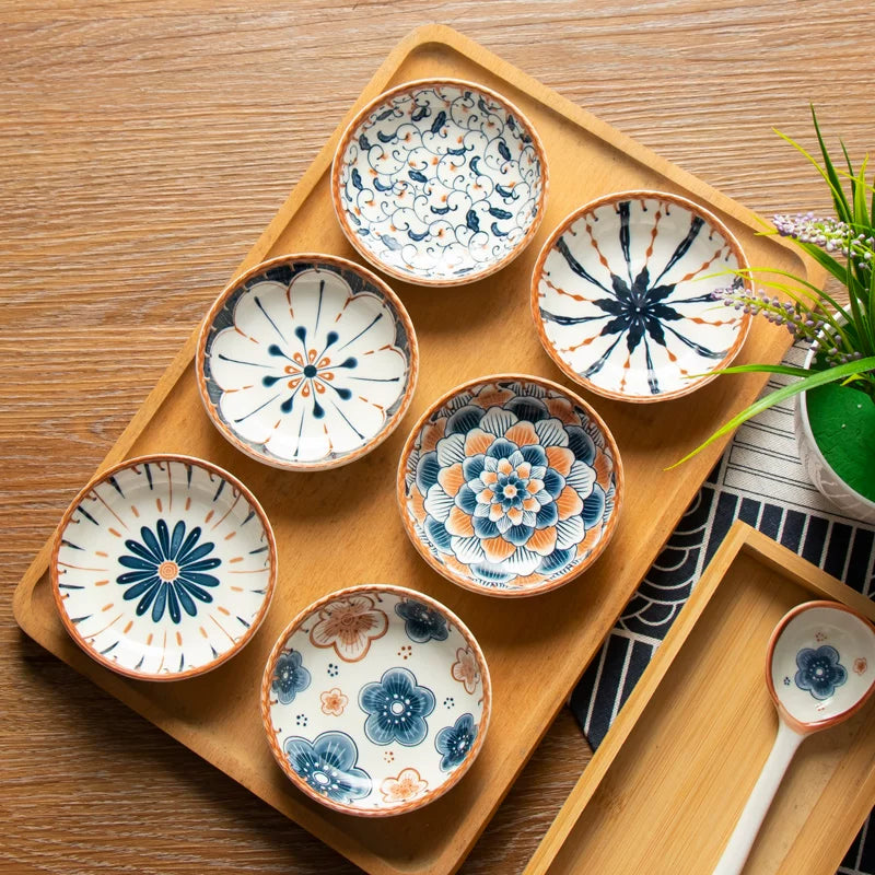 Japanese Style Ceramic Sauce Dishes Set - Creative Floral Dipping Bowls for Appetizers & Condiments