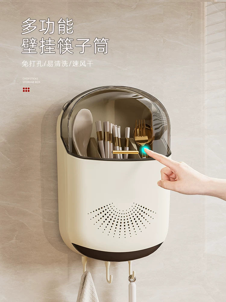 Wall-Mounted Chopstick Holder with Lid, Dustproof Cutlery Drainer for Kitchen Utensils