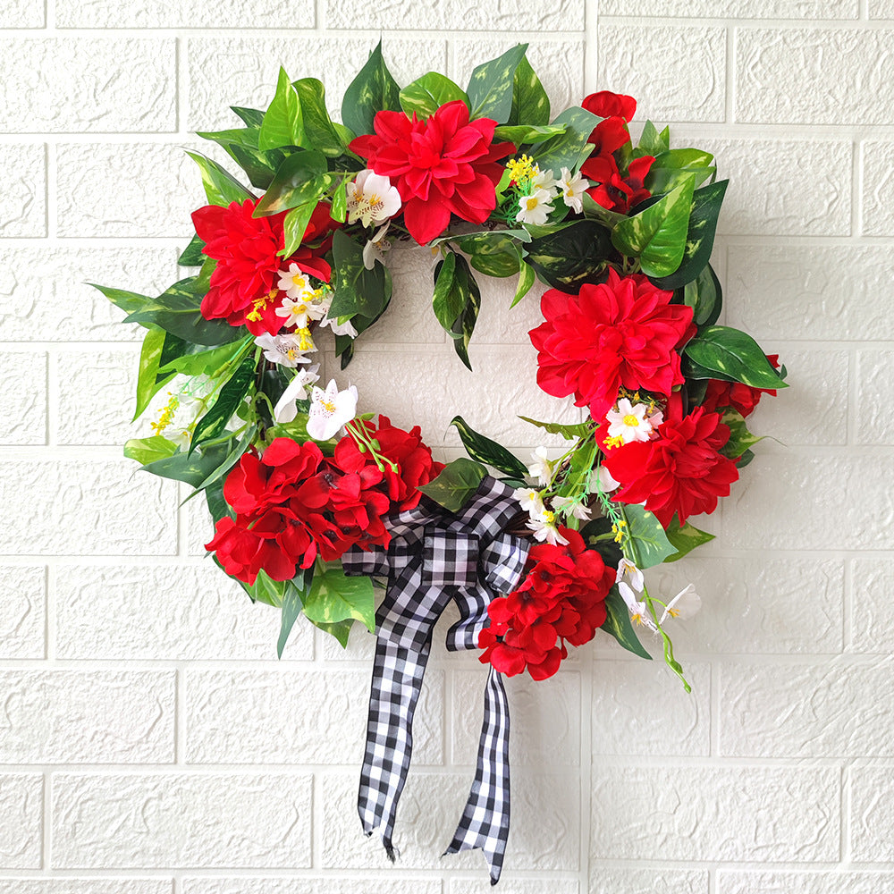 Artificial Red Geranium Wreath for Front Door Wall Decor, Spring Summer Floral Garland