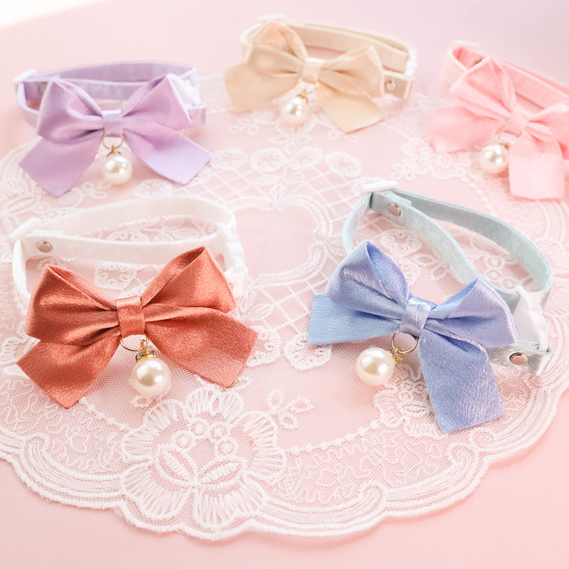 Pet Collar with Bow Tie for Cats and Small Dogs, Adjustable Silk Rhinestone Pearl Necklace